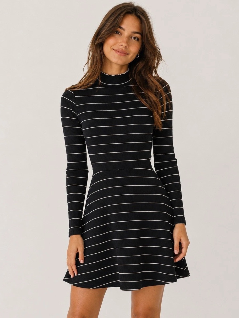 Banana Republic Black & White Striped Mock-Neck Fit-and-Flare Dress
